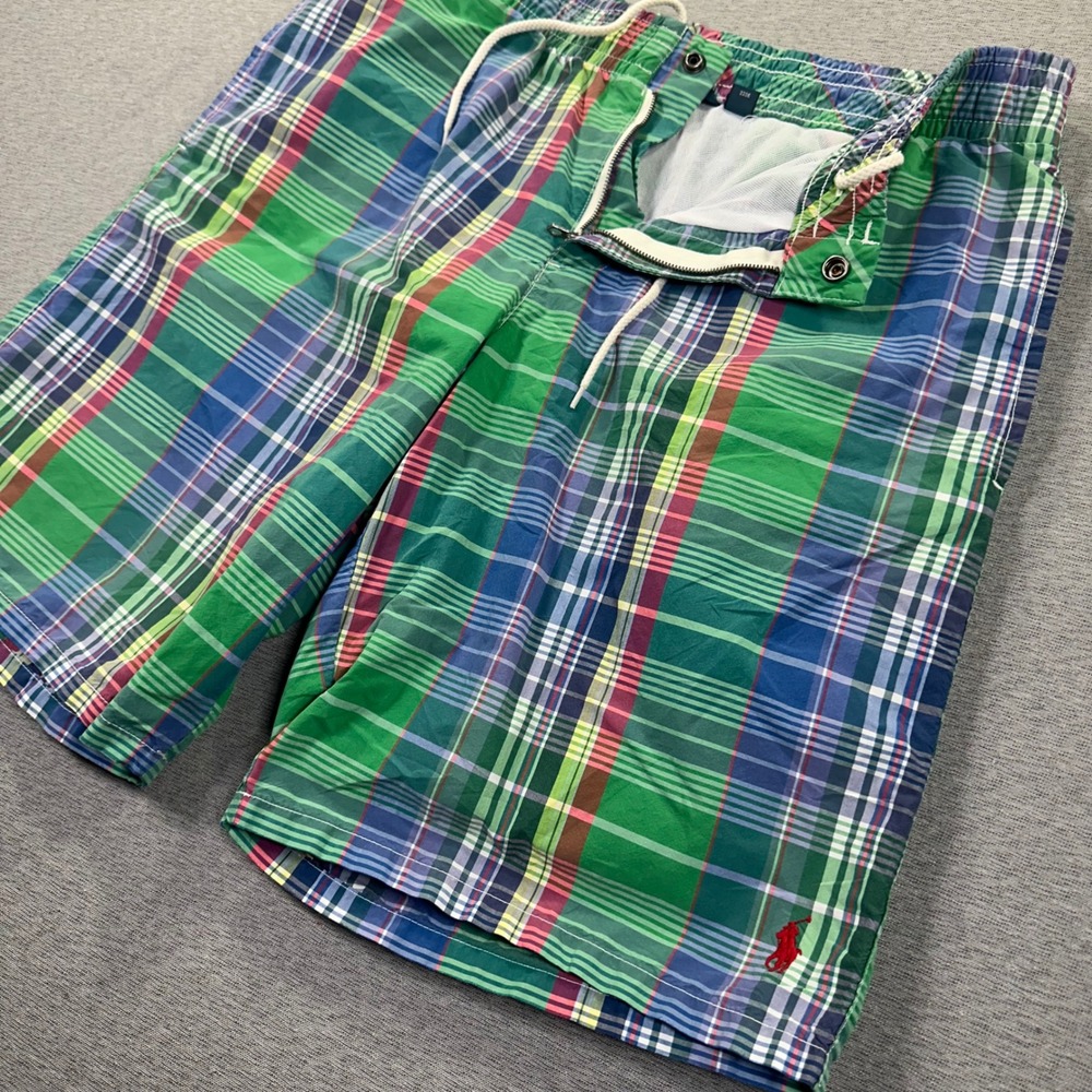 VTG Polo Ralph Lauren Shorts Mens L Green‎ Plaid Hybrid Swim Trunks Mesh Lined